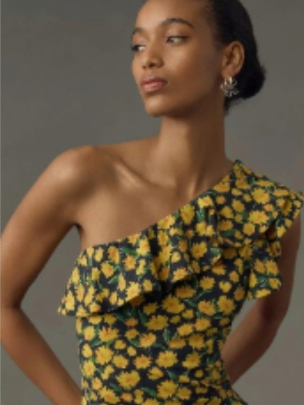Anthropologie Maeve One-Shoulder Yellow Floral Ruffle Shirt. New With Tag